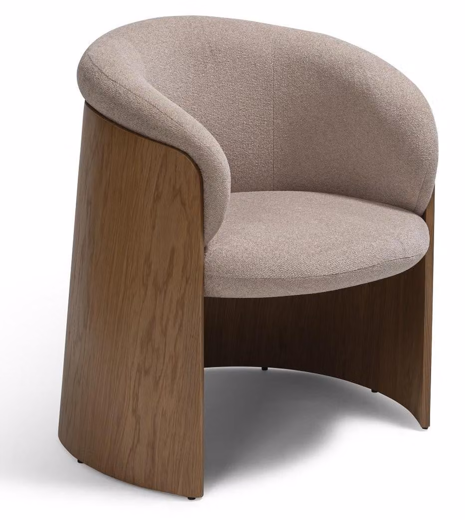 Sedia dal design moderno, beige e grigia, realizzata in tessuto e legno, comoda, esteticamente piacevole ed elegante