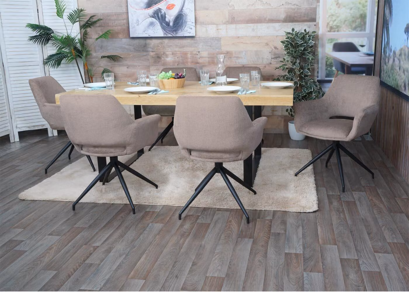 Set da 6 sedie da pranzo MCW-M53, sedie da cucina con braccioli, girevoli con posizione automatica, metallo e tessuto MVG ~ taupe