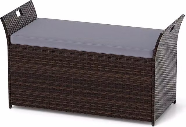 Cassapanca Contenitore da Giardino Costway in Polyrattan con Cuscino, Baule da Esterno Resistente ai Raggi UV, L/P/H: 125 x 56 x 71 cm