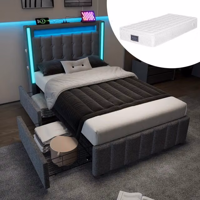 Letto imbottito con cassetti rete a doghe e LED ¨C Minimal ¨C Grigio legno 90x200cm con materasso
