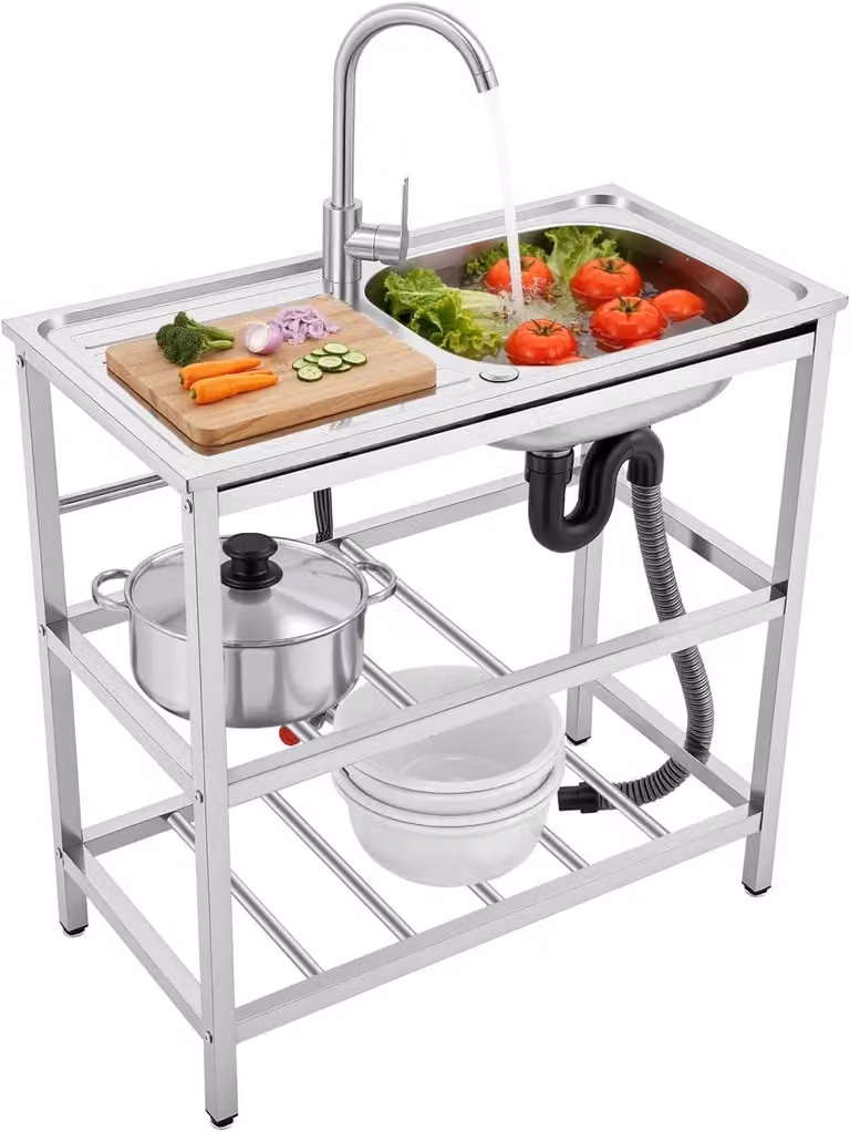 Lavello da cucina in acciaio inossidabile, freestanding, dimensioni 75 x 40 cm, completo di rubinetto e scarico