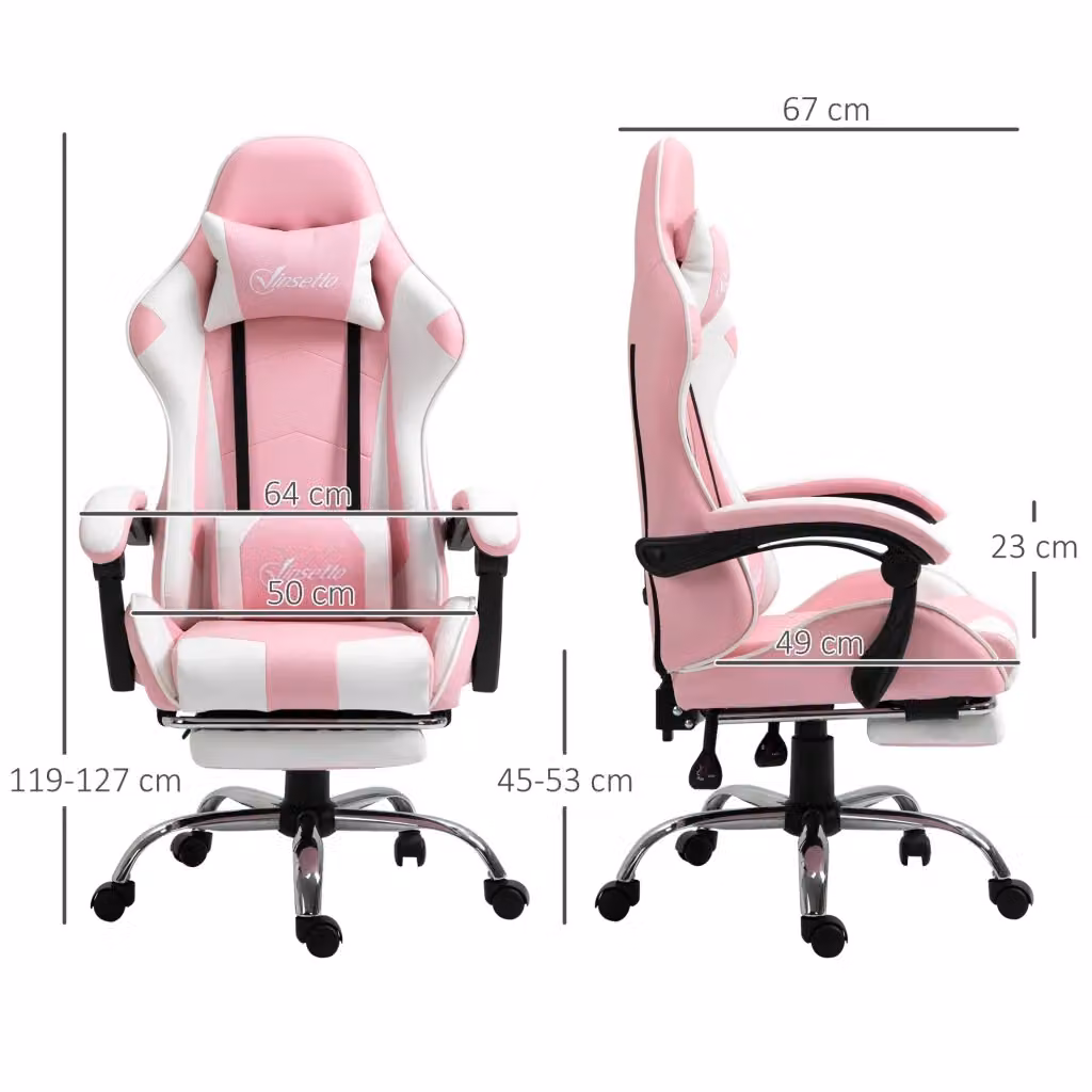 Sedia Gaming WISHDOR Rosa in Faux Leather con Poggiapiedi, Riposogalatelli e Ruote Girevoli 360°, Altezza Regolabile, L: 64 cm, P: 67 cm, H: 127 cm – 2