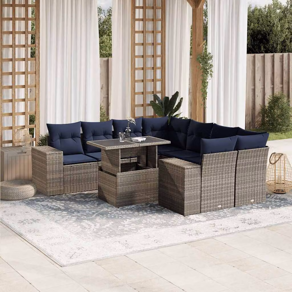Set di divani da giardino vidaXL in polyrattan grigio con cuscini e tavolino da esterno a forma di L
