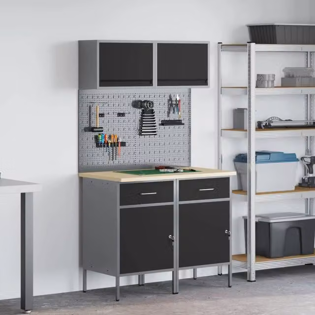 Set di mobili da lavoro vidaXL in acciaio e legno con scaffale e ante, 6 pezzi, Nero – 1