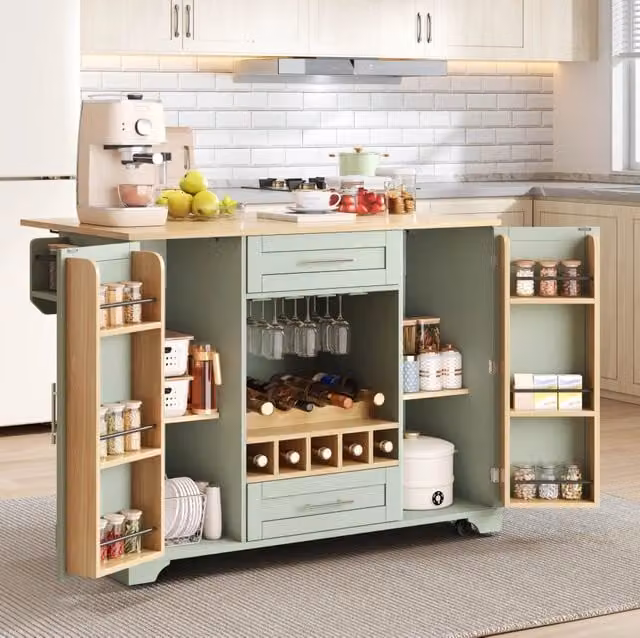 Carrello da cucina con piano ribaltabile; 2 armadietti e portabottiglie; MDF verde antico