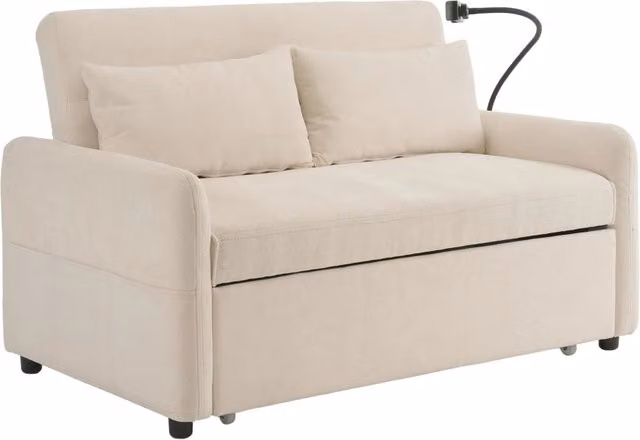 Divano Letto 2 Posti con Schienale Regolabile; USB; Supporto per Telefono e Tasche Laterali Beige