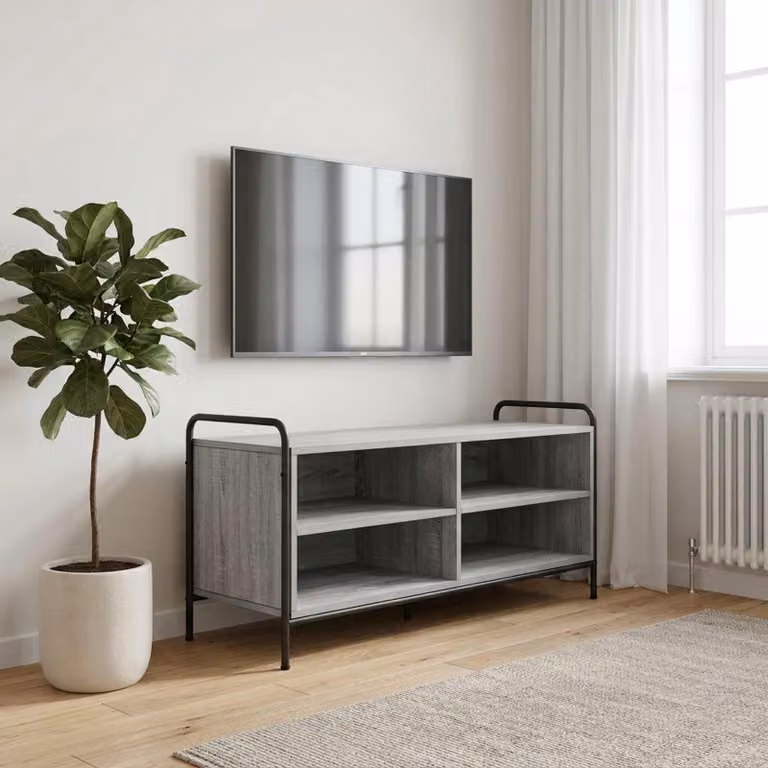 Mobile TV vidaXL moderno in legno ingegnerizzato e metallo, colore grigio Sonoma, L 140 x P 39,5 x H 50 cm