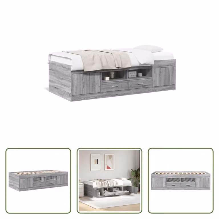 The Living Store Letto da giorno con cassetti grigio Sonoma 90x200 cm materiale legno