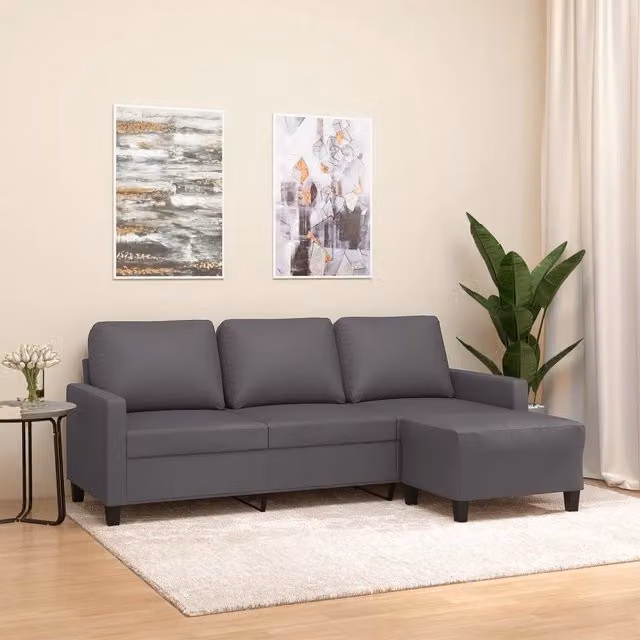 Divano a 3 posti moderno vidaXL in similpelle grigio con poggiapiedi coordinato L: 198 cm, P: 80 cm, H: 77 cm