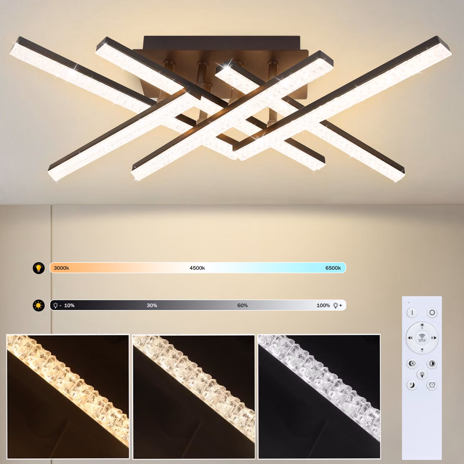 ZMH Plafoniera LED Dimmerabile con telecomando Cristallo nero 36W Illuminazione moderna a soffitto per camera da letto soggiorno corridoio