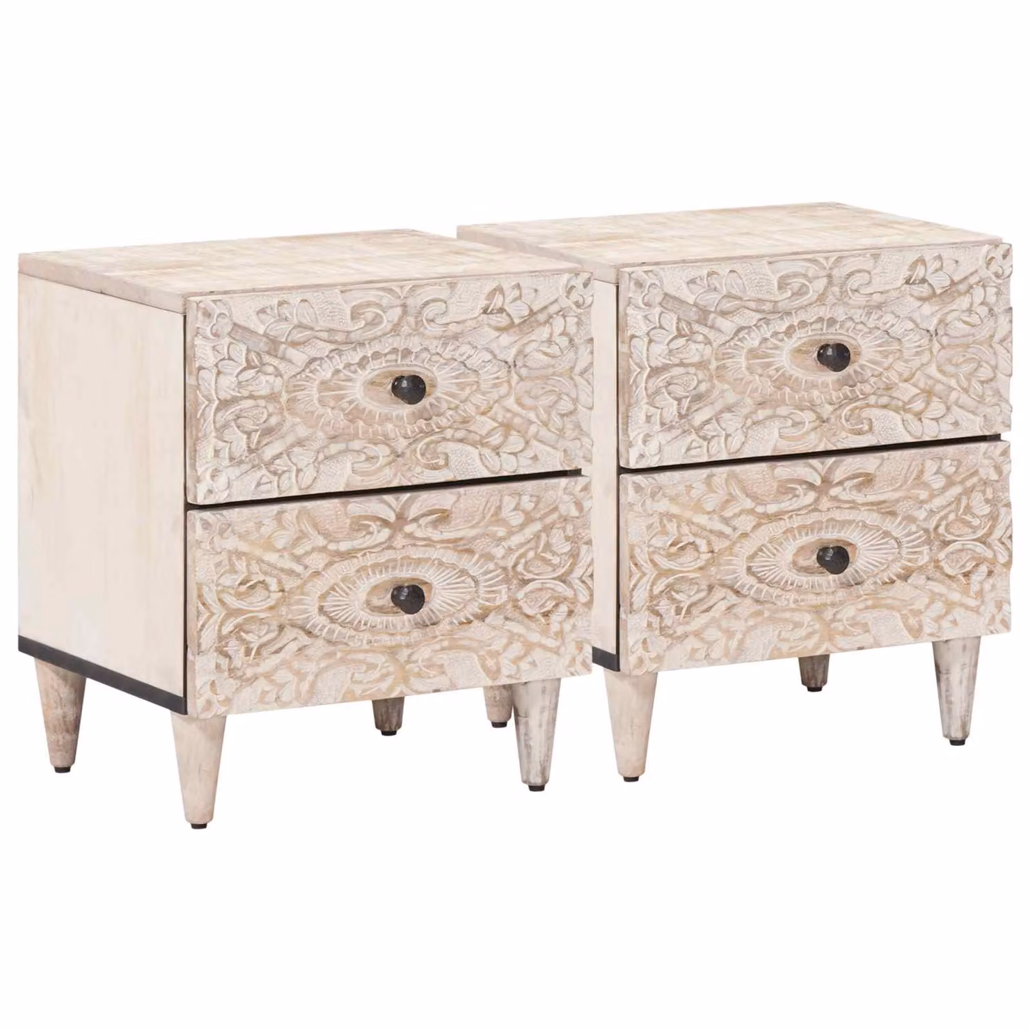 Set di 2 Armadi da Notte vidaXL in Legno di Mango Bianco con Design Etnico Astratto L: 40 cm, P: 33,5 cm, H: 46 cm