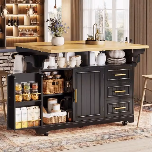 Isola da cucina - Carrello da pranzo con ruote - Credenza - Piano d'appoggio estensibile - 3 cassetti - Maniglie in metallo - Nero e color legno naturale