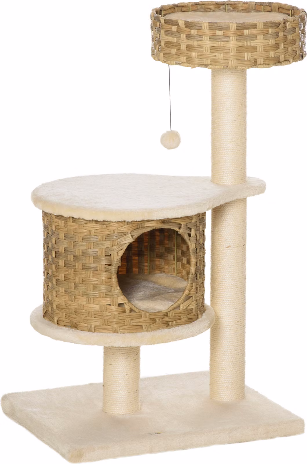 Tiragraffi in rattan con cuccia e pallina, tiragraffi per gatti di piccola taglia, colore naturale e beige, naturale, 55 cm