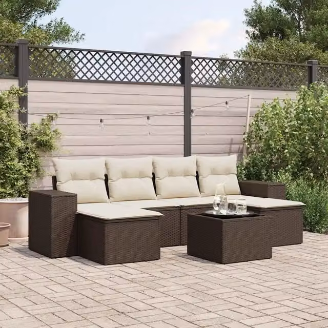 Set Divani da Giardino 7 pz con Cuscini Marrone in Polyrattan 3222932