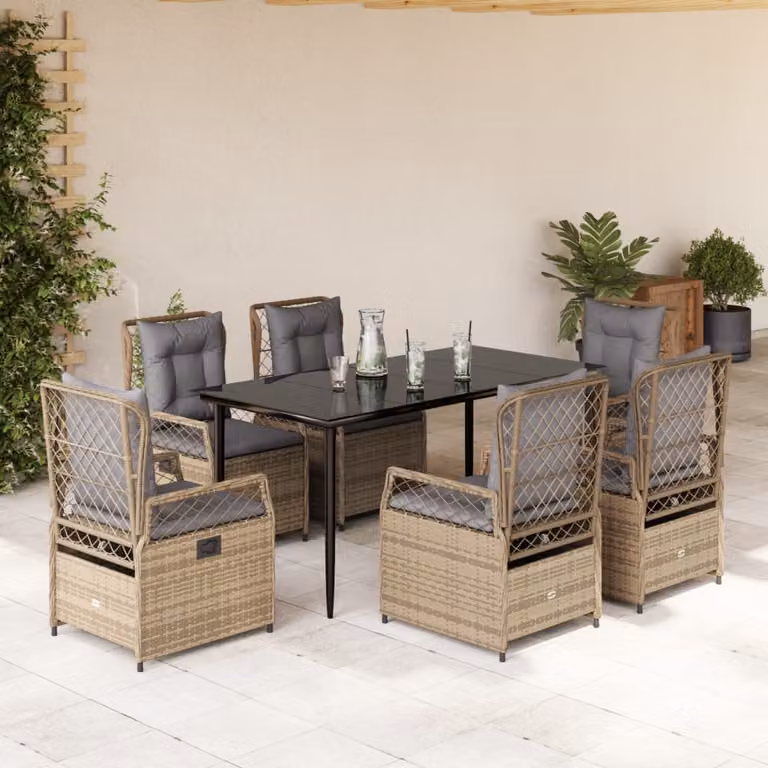 Set da Pranzo da Giardino vidaXL in Polyrattan con Cuscini Beige e Tavolo in Vetro, 7 Pezzi