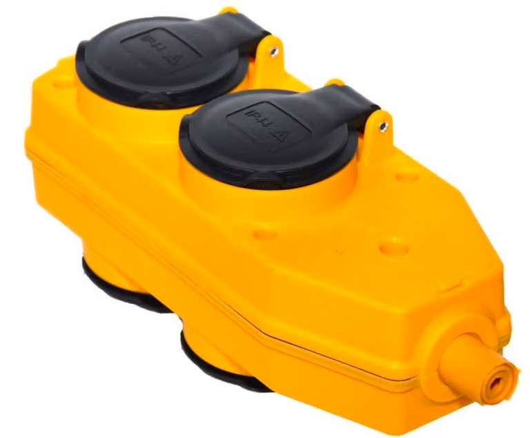 Pannello di distribuzione multiplo giallo per cantieri, con 4 prese Schuko
