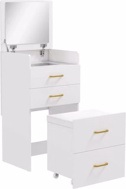 Toeletta 3 in 1 comodino e sgabello 48 x 40 x 90 cm portaoggetti ottimizzato specchio pieghevole essenziale in MDF bianco 21_0003729