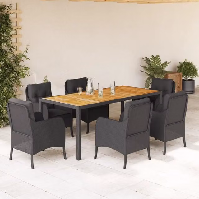 Set da pranzo da giardino vidaXL in polyrattan e legno di acacia nero con 7 pezzi