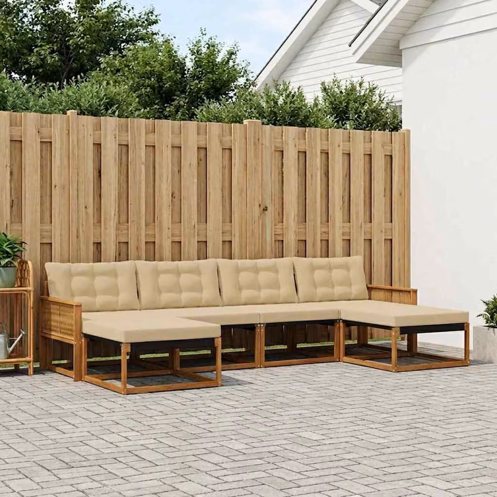 Set di divani da esterno vidaXL 6 pz in legno di acacia e textilene, colore marrone e beige, con pouf e cuscini inclusi, design moderno a forma di L