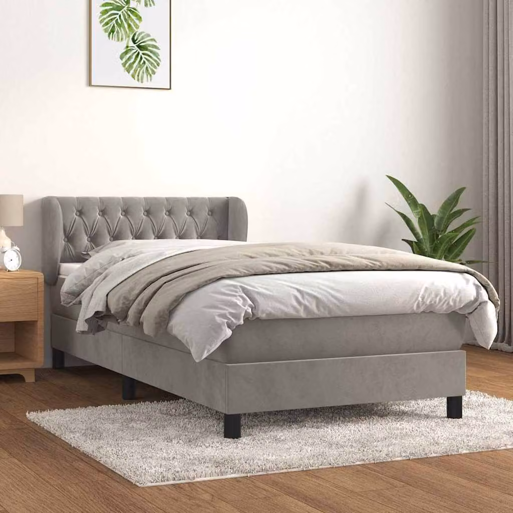vidaXL Giroletto a Molle con Materasso Ibrido in Velluto Grigio e Bianco L/P/H: 90 x 190 cm – 1