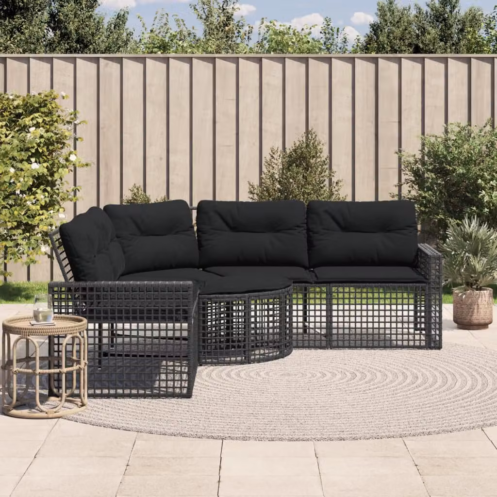 vidaXL Divano da Giardino a L con Cuscini e Pouf Nero in Polyrattan