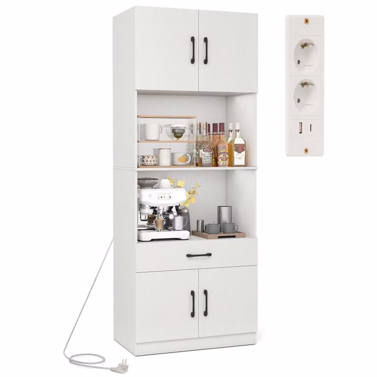 Armadio da cucina COSTWAY 168 cm, mobile buffet con 4 ante, cassetto, piano di lavoro, 2 ripiani, stazione di ricarica, 1 USB e 1 Type-C, dispensa, bianco