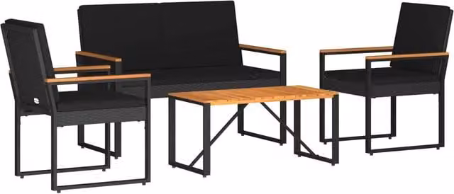 Set Mobili da Esterno con cuscino 4 pz | Set Salotto da Giardino Nero polyrattan