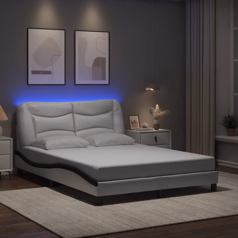 vidaXL Giroletto Hvar con LED e porta USB senza materasso, Bianco e Nero, L/P/H: 190 x 140 x 74,5 cm