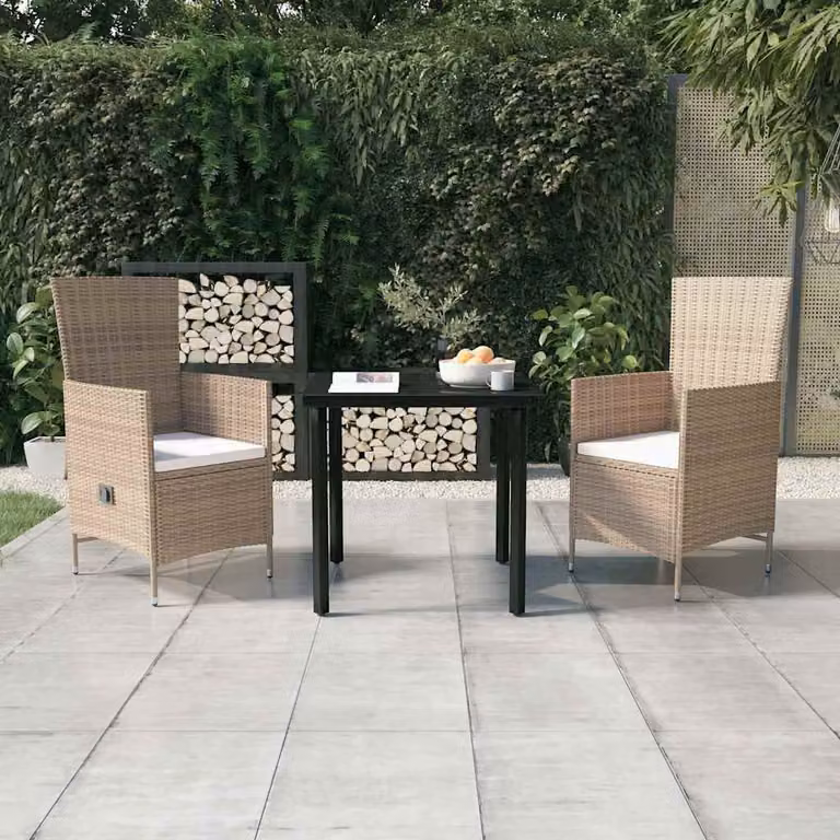 Set da pranzo da giardino vidaXL in polyrattan con cuscini beige e tavolo in vetro per terrazzo o giardino