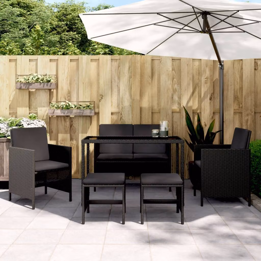 Set da pranzo da giardino vidaXL in polyrattan nero con 6 sedie e cuscini e tavolo in vetro