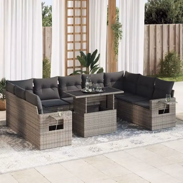 Set Divano da Giardino vidaXL a Forma a U in Polyrattan Grigio con Cuscini e Tavolino da Esterno – 1