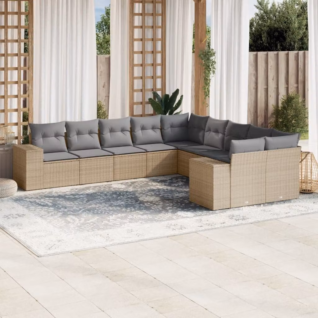 vidaXL Set Divano da Giardino a L 10 pz in Polyrattan con Cuscini Beige e Struttura in Acciaio – 1