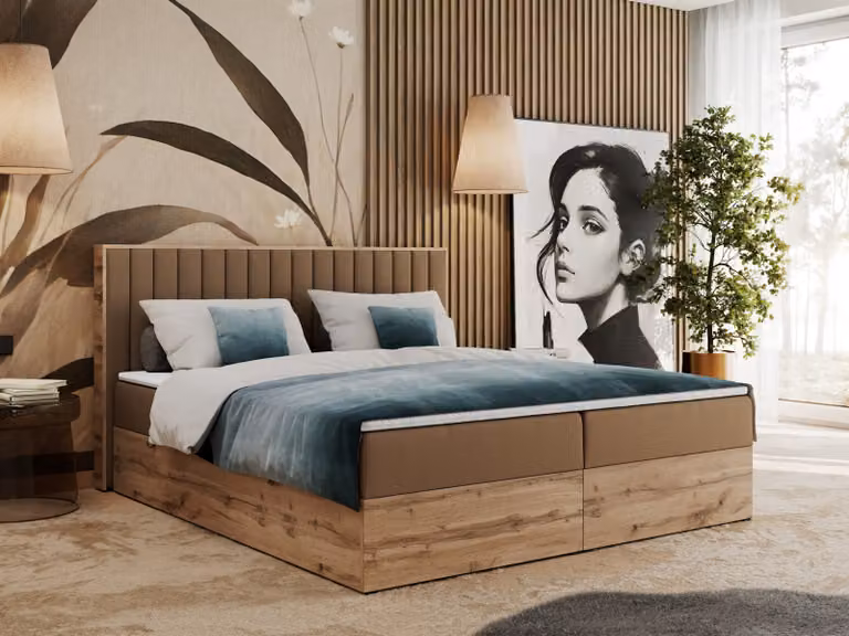 Letto boxspring, due cassetti portaoggetti, set completo con materasso e coprimaterasso - Albero-4 - 180x200 cm - Pelle finta marrone - H4