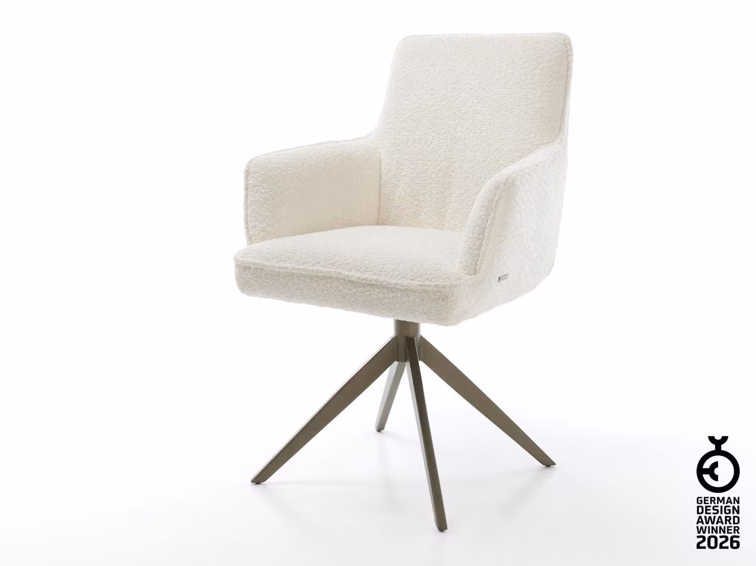 Sedia girevole DELIFE Heira-Flex con braccioli Bouclé Bianco Struttura a croce larga Finitura effetto titanio Girevole a 360° Funzione oscillante Molle insacchettate