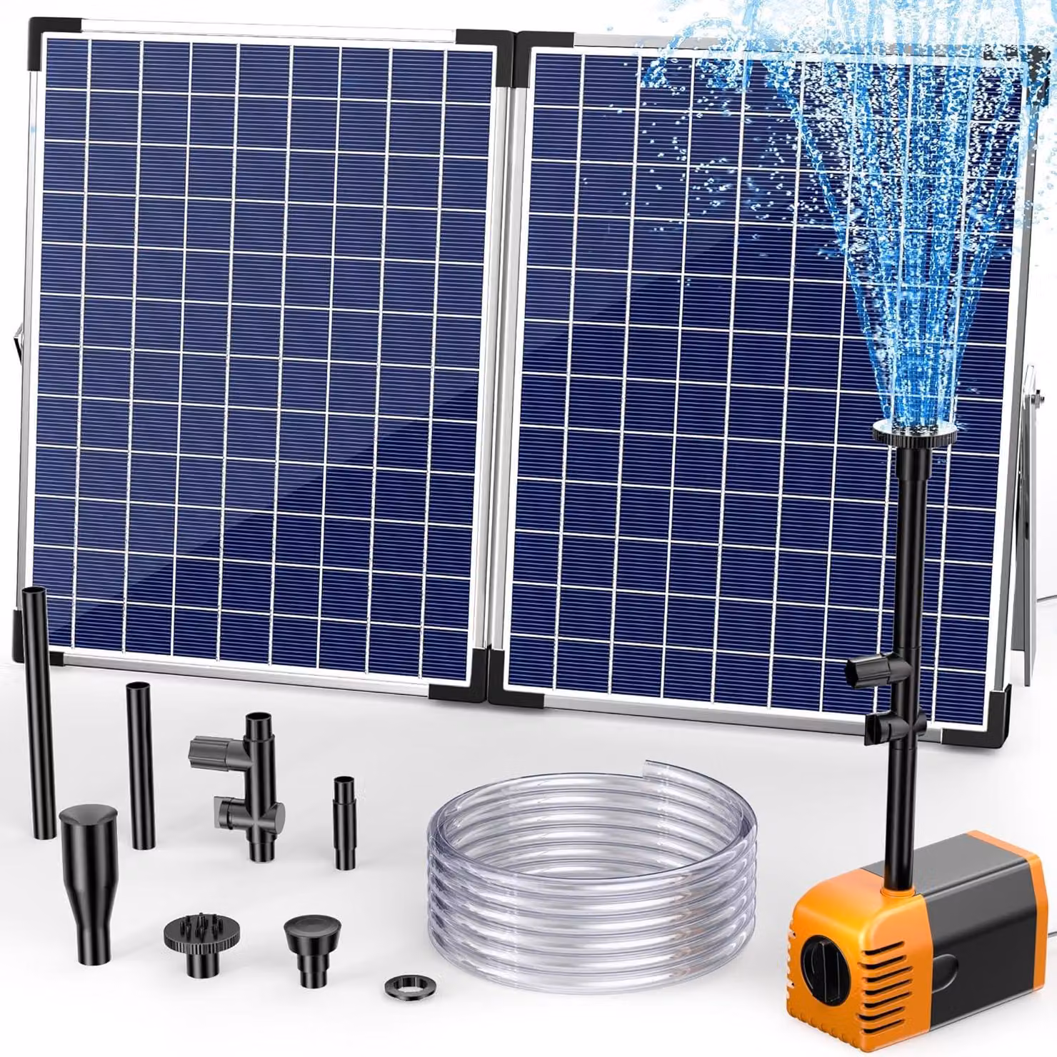 Pompa solare da 35 W per stagni, portata di 1500 l/h, pompa solare silenziosa con 4 ugelli, fontana solare con tubo per creare un corso d'acqua, ideale per stagni da giardino