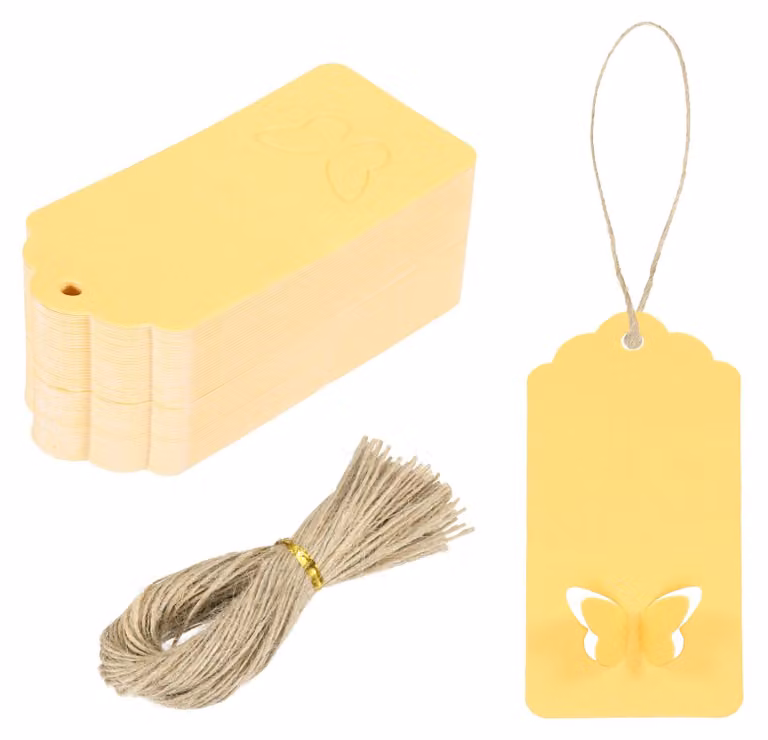 100 etichette regalo in carta kraft con cordoncino, 9 x 4 cm, color oro, con bordo ondulato