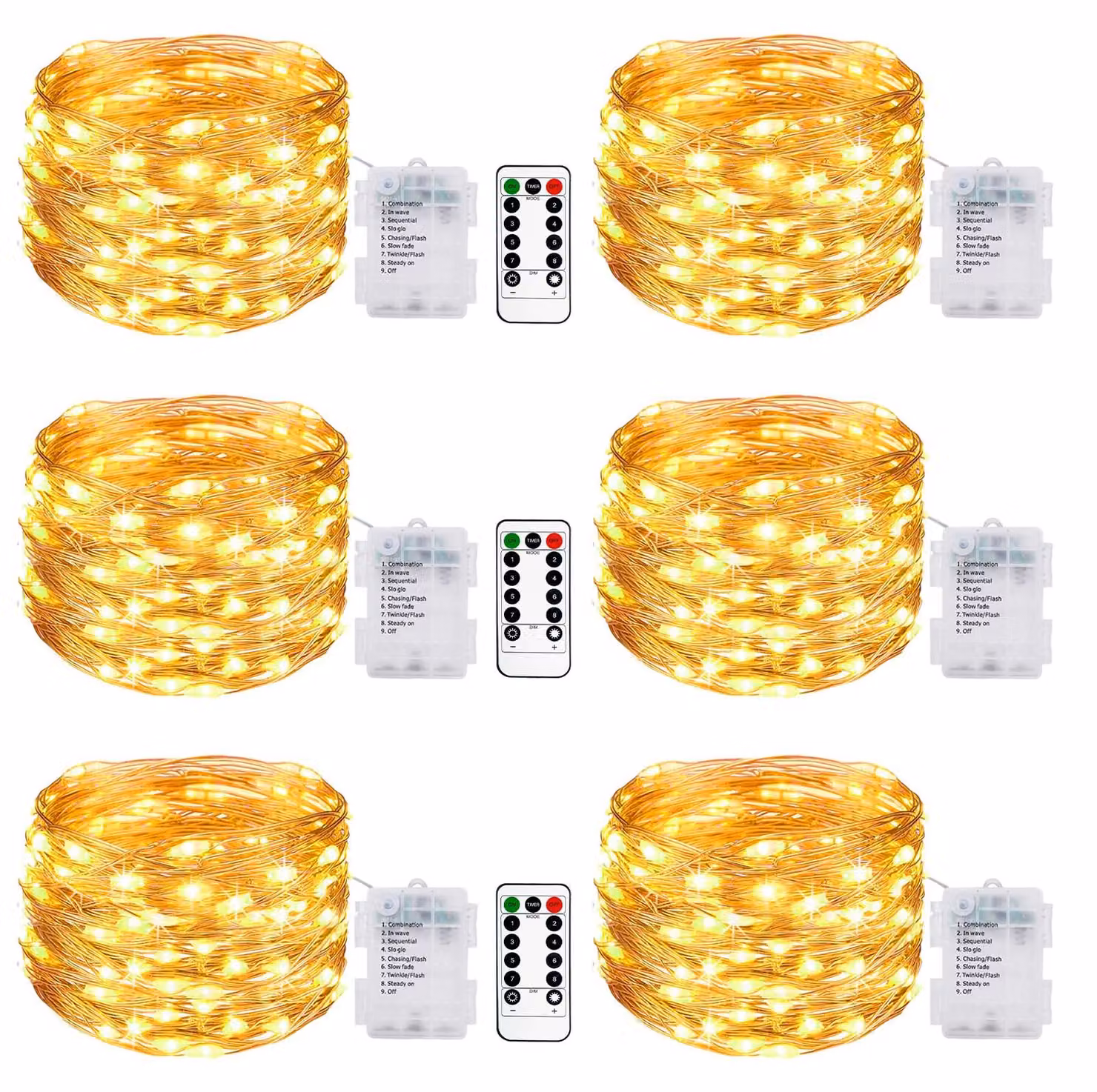 Catena luminosa a LED, confezione da 6, lunghezza 10 metri, 100 LED, luce bianco caldo, alimentazione a batteria