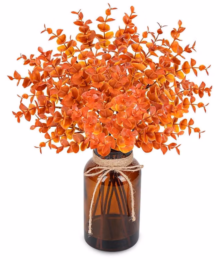Eucalipto artificiale con vaso in vetro, altezza 37 cm, decorazione autunnale color ambra