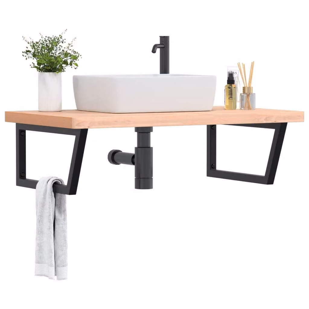 vidaXL Ripiano a Parete per Lavabo Moderno in Metallo e Legno di Faggio, Nero e Marrone, L: 60,0 cm, P: 25,0 cm, H: 3,0 cm