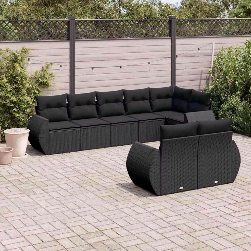 Set di divani da giardino vidaXL a forma di L con 8 pezzi in polyrattan nero e cuscini imbottiti – 1