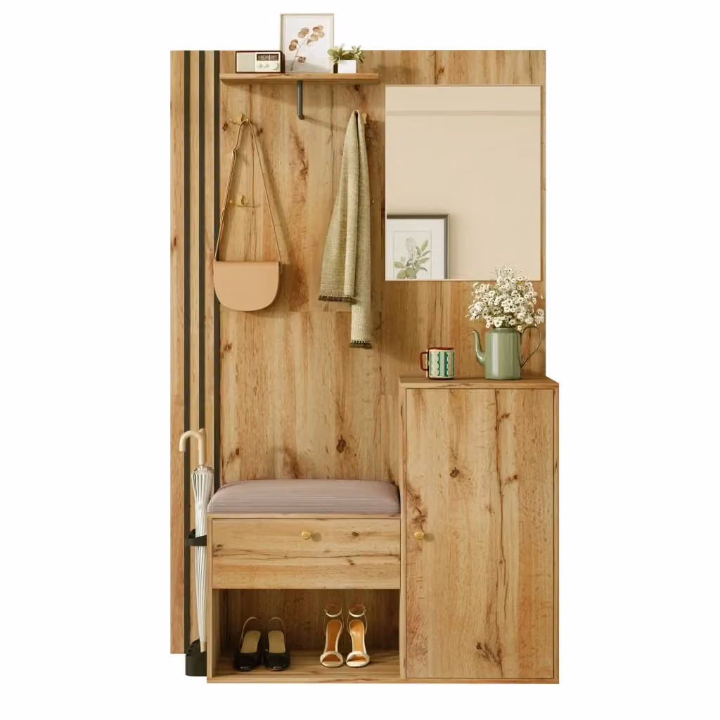 Mobile da ingresso moderno in MDF con 2 ante, specchio, seduta imbottita e portaombrelli, L: 115 cm, P: 37 cm, H: 185 cm – 2