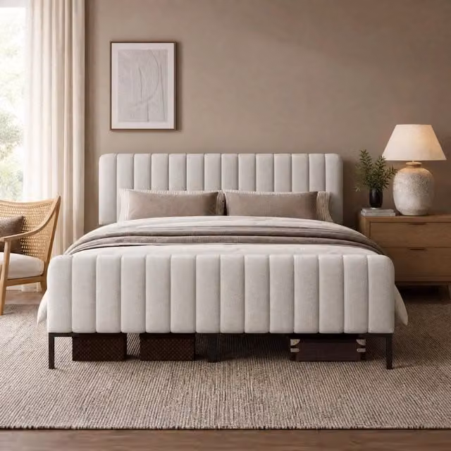 Letto matrimoniale 180 × 200 cm 2 posti con testiera imbottita regolabile, senza materasso, in lino grigio beige