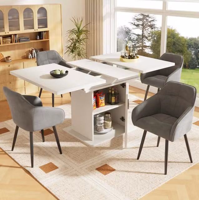 Tavolo da pranzo 110-140x80x76 cm allungabile con 3 ripiani in MDF e vetro bianco