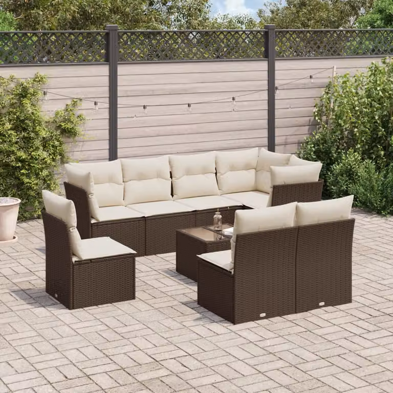 vidaXL Set Divani da Giardino a L con Tavolino in Polyrattan e Cuscini Marrone e Bianco