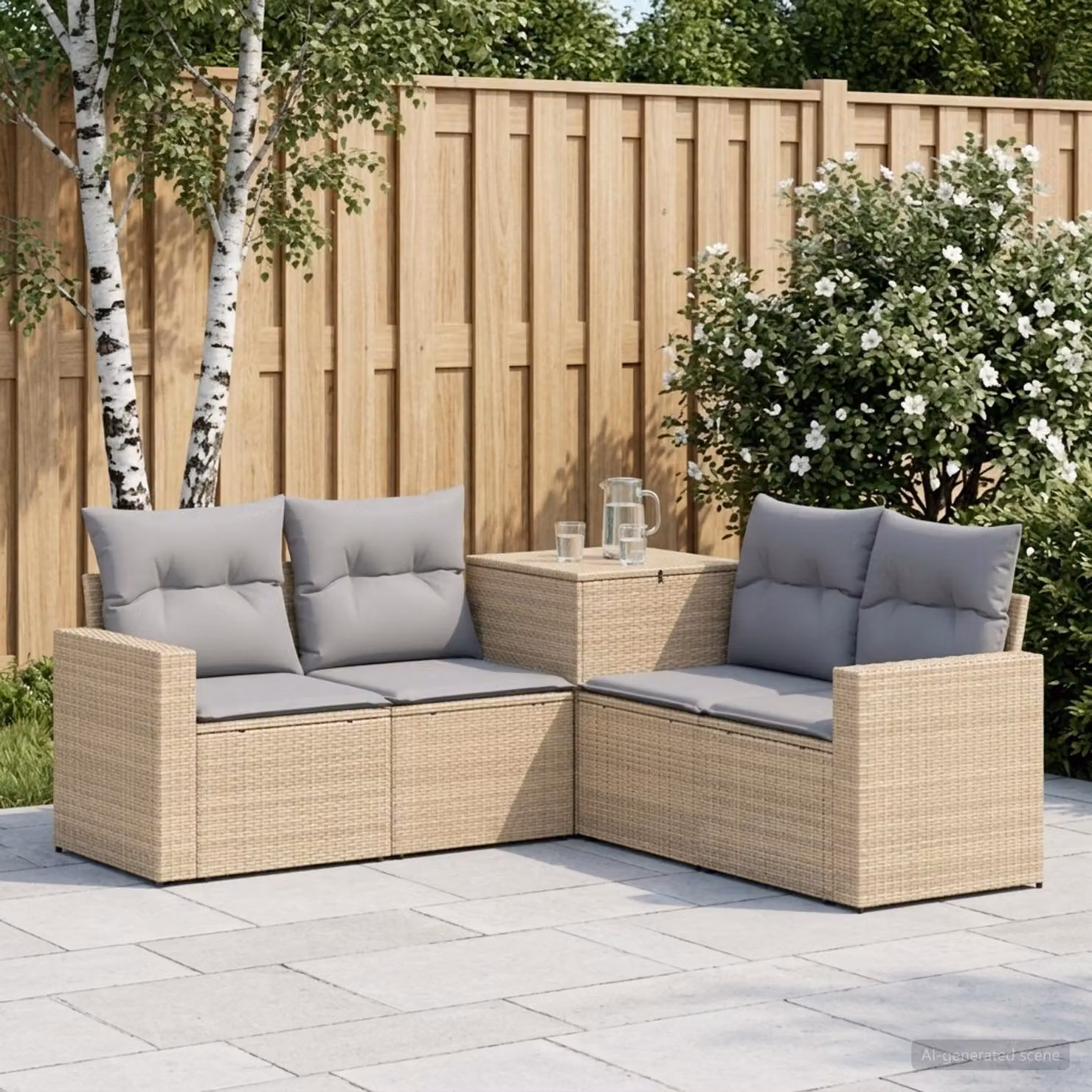 Set di divani da giardino a L vidaXL in polyrattan con cuscini Beige e Grigio