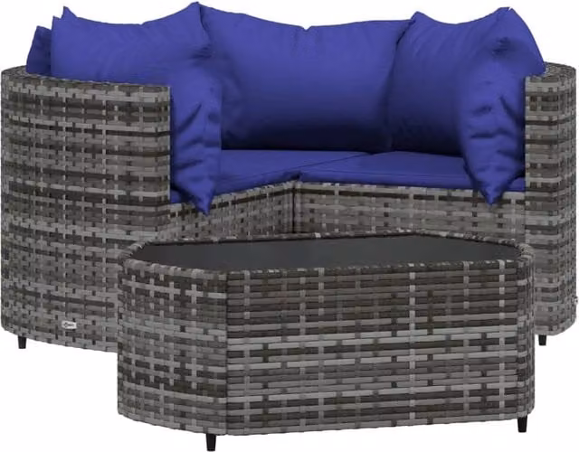 Set da giardino Outsunny a 4 pezzi con divano angolare a L e tavolino da caffè, in resina intrecciata grigia con cuscini blu e struttura in metallo – 1