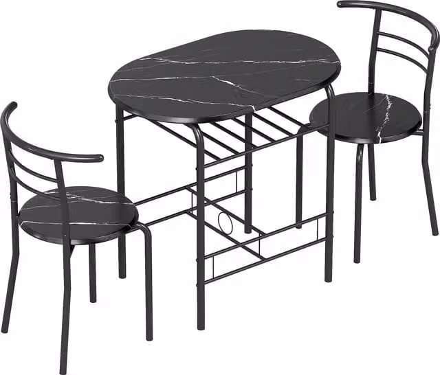 Set da pranzo HOMCOM composto da tavolo da cucina con ripiano e 2 sedie, design industriale in stile marmo nero e metallo opaco
