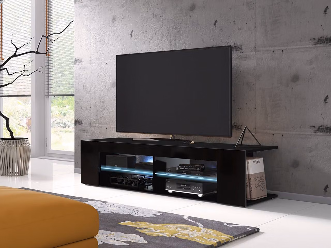 Tavolino per TV con illuminazione a LED KINSALE 1 - nero / nero lucido
