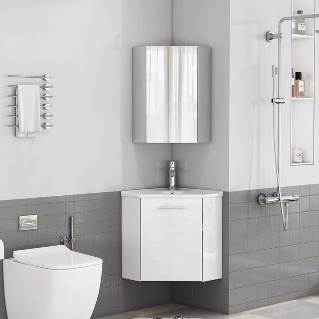 Set angolare bagno con lavabo e armadietto specchio ¨C Minimal ¨C Bianco salvaspazio
