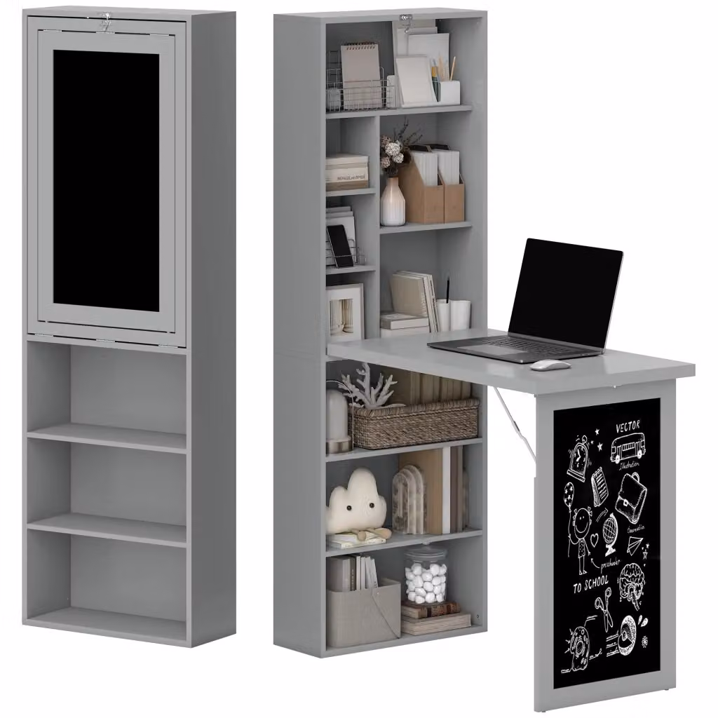 Scrivania per computer XYLO con libreria a 9 ripiani in legno e metallo, colore grigio, L: 98 cm, P: 51 cm, H: 153 cm – 2
